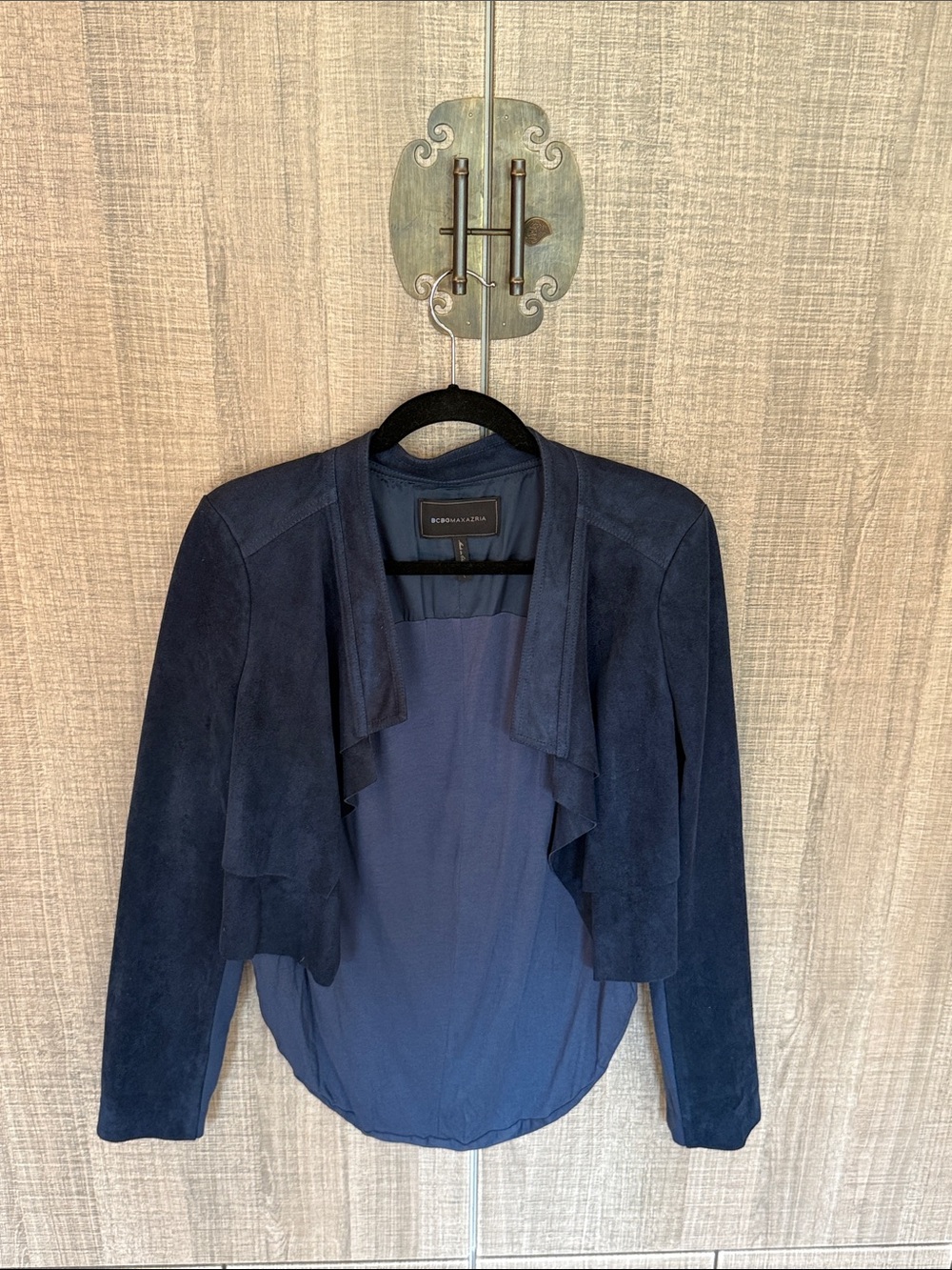 BCBGMAXAZRIA Faux Suede Jacket With a Draped Shawl Collar